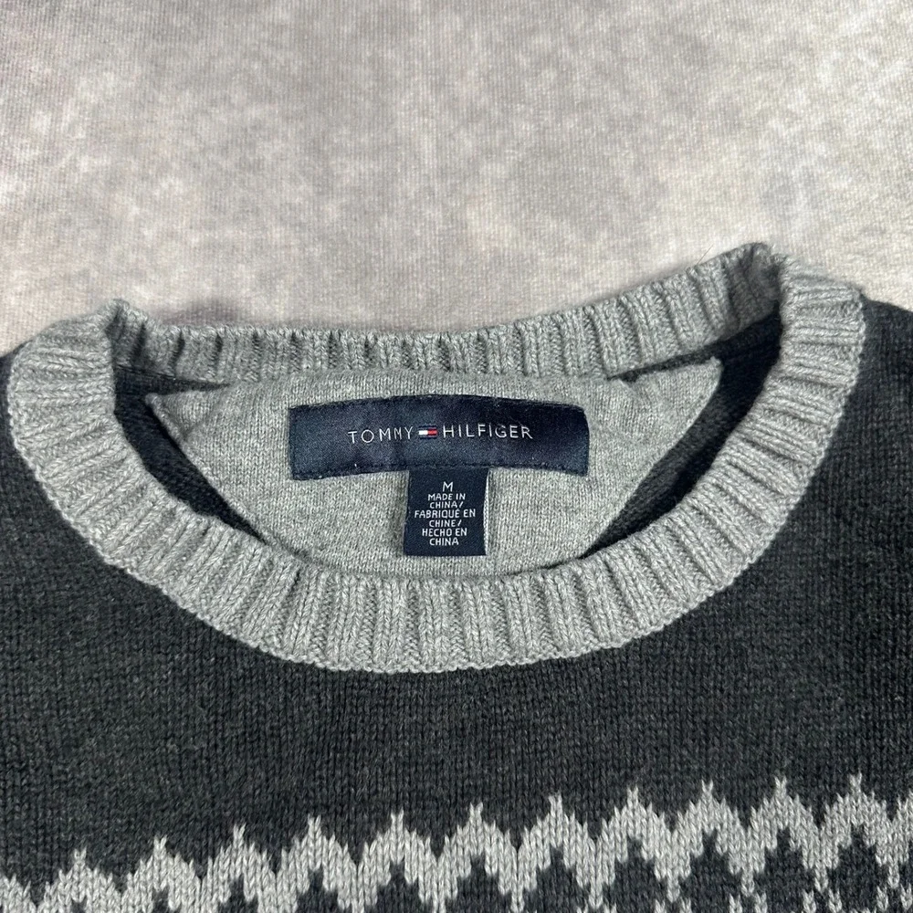 Tommy Hilfiger Mens M Grey Black Fair Isle Cotton Knit Crewneck Sweater Preppy